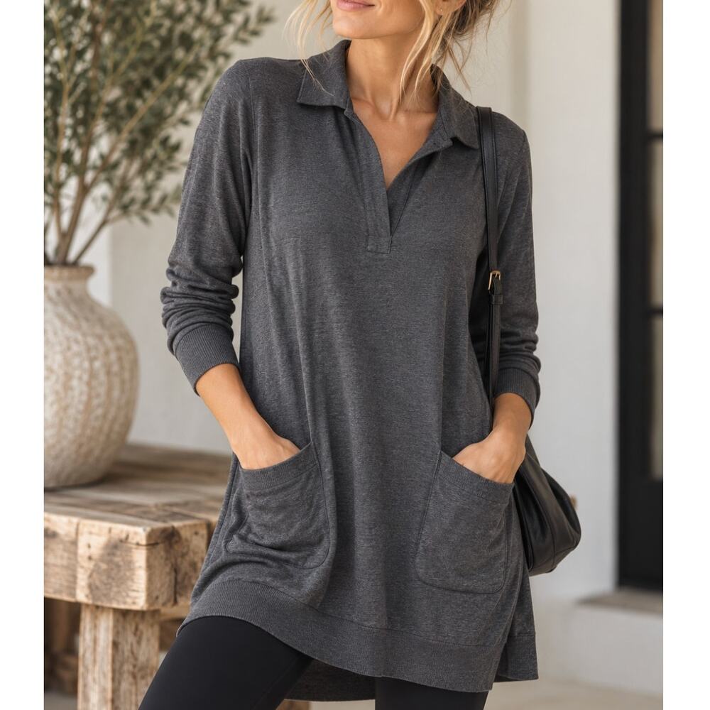 James Perse Pima Cotton Longline Tunic Top Gray Collared Patch Pockets Size 2